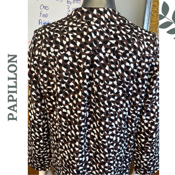 Papillon 3/4 Sleeve Spotted Blouse Black Brown White Open Collar Size Small - Picture 5 of 7